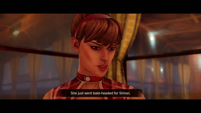 Screenshot from Agatha Christie’s Death on the Nile of Jacqueline de Bellefort saying “She just went bald-headed for Simon.”