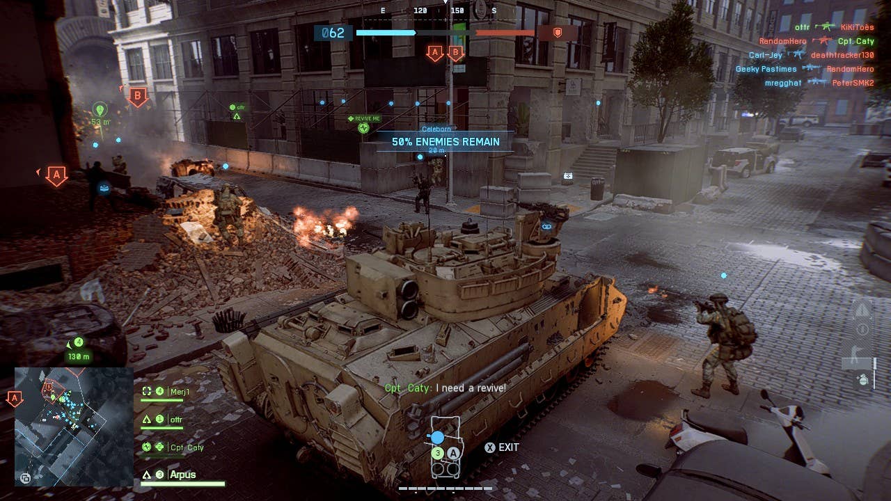 A tank driving through a rubble-strewn street in Brooklyn with soldiers all around and HUD text across the screen in Battlefield 6.
