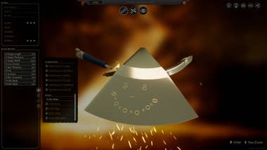 A ridiculous user-created curved sword with a monolithic wedge-shaped midsection with a smiling look drawn connected it successful aureate lines and circles. From Bladesong.