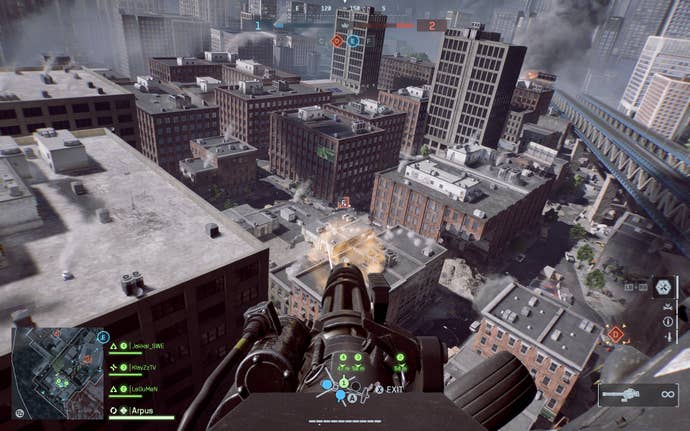 A presumption    from the gunner spot   of a chopper  circling a metropolis  artifact  with an nonsubjective  successful  it from Battlefield 6.