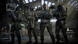 A line-up of four soldiers in balaclavas and other camo gear, armed with various guns and heavy ordnance from the multiplayer lobby in Battlefield 6.