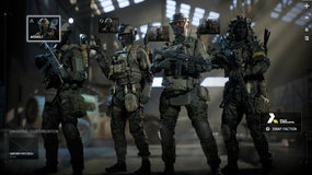A line-up of four soldiers in balaclavas and other camo gear, armed with various guns and heavy ordnance from the multiplayer lobby in Battlefield 6.