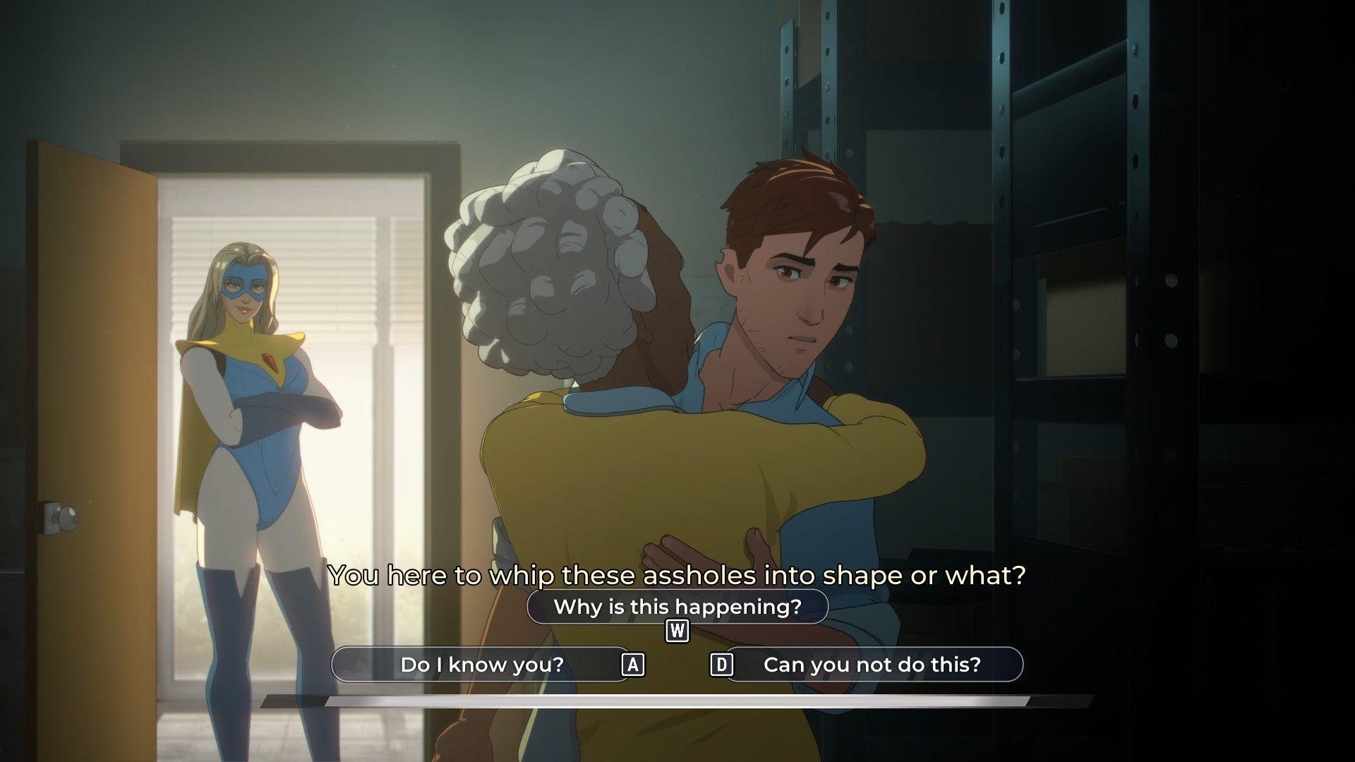 An old Black man hugging a white man with three dialogue choices to pick from in Dispatch. - 3