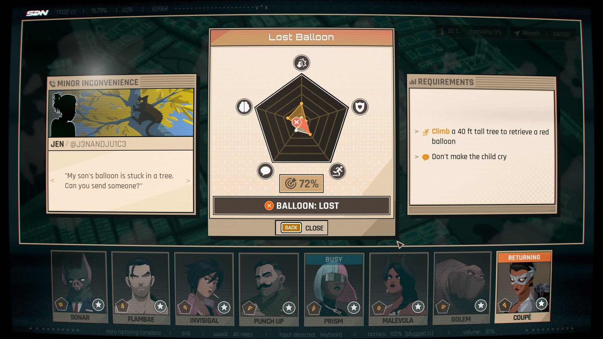 A scene from the strategy element of Dispatch, showing a hero's five-pointed power graph as they attempt to complete a missino. - 5