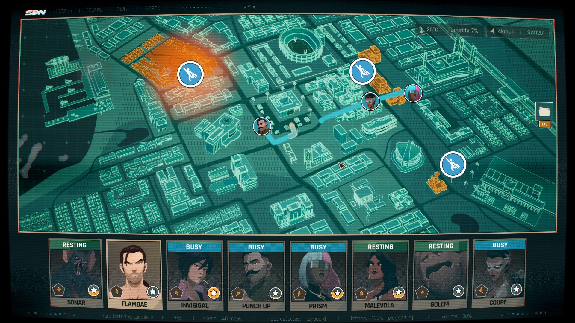 A scene from the strategy element of Dispatch, showing a greeny-white holographic city map with incidents labelled for your attention. - 7
