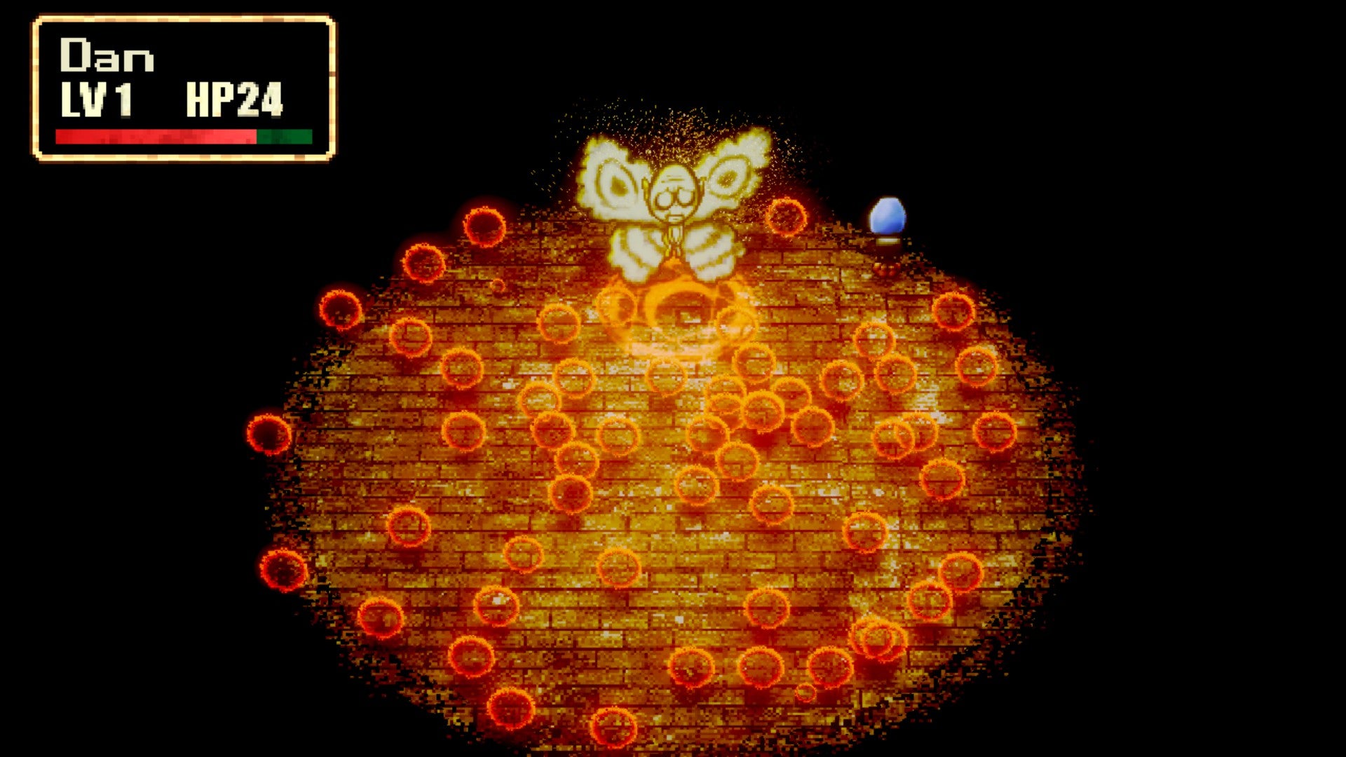 A moth creature filling a combat arena with poison orange puffballs in Stray Children. - 6