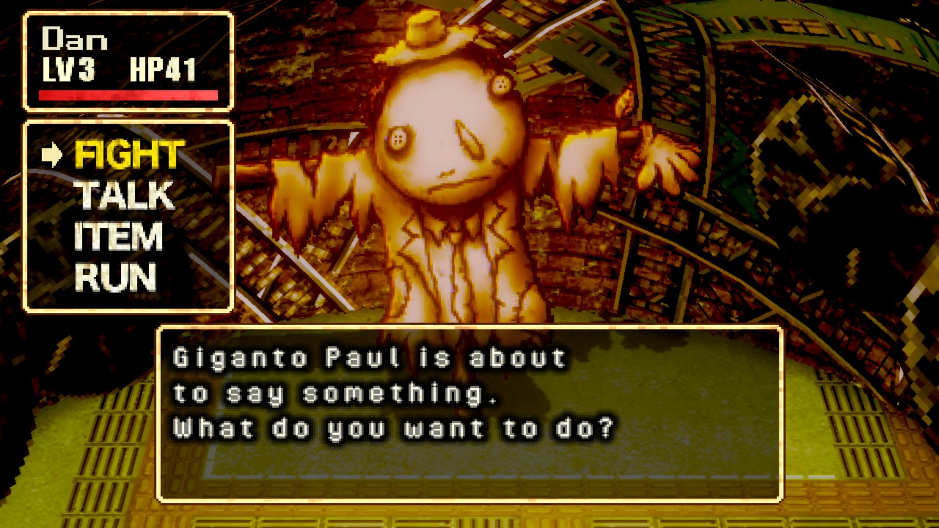 A boss creature from Stray Children who looks like a sad scarecrow, with theoptinos to fight, talk, use an item or run on the left. - 4