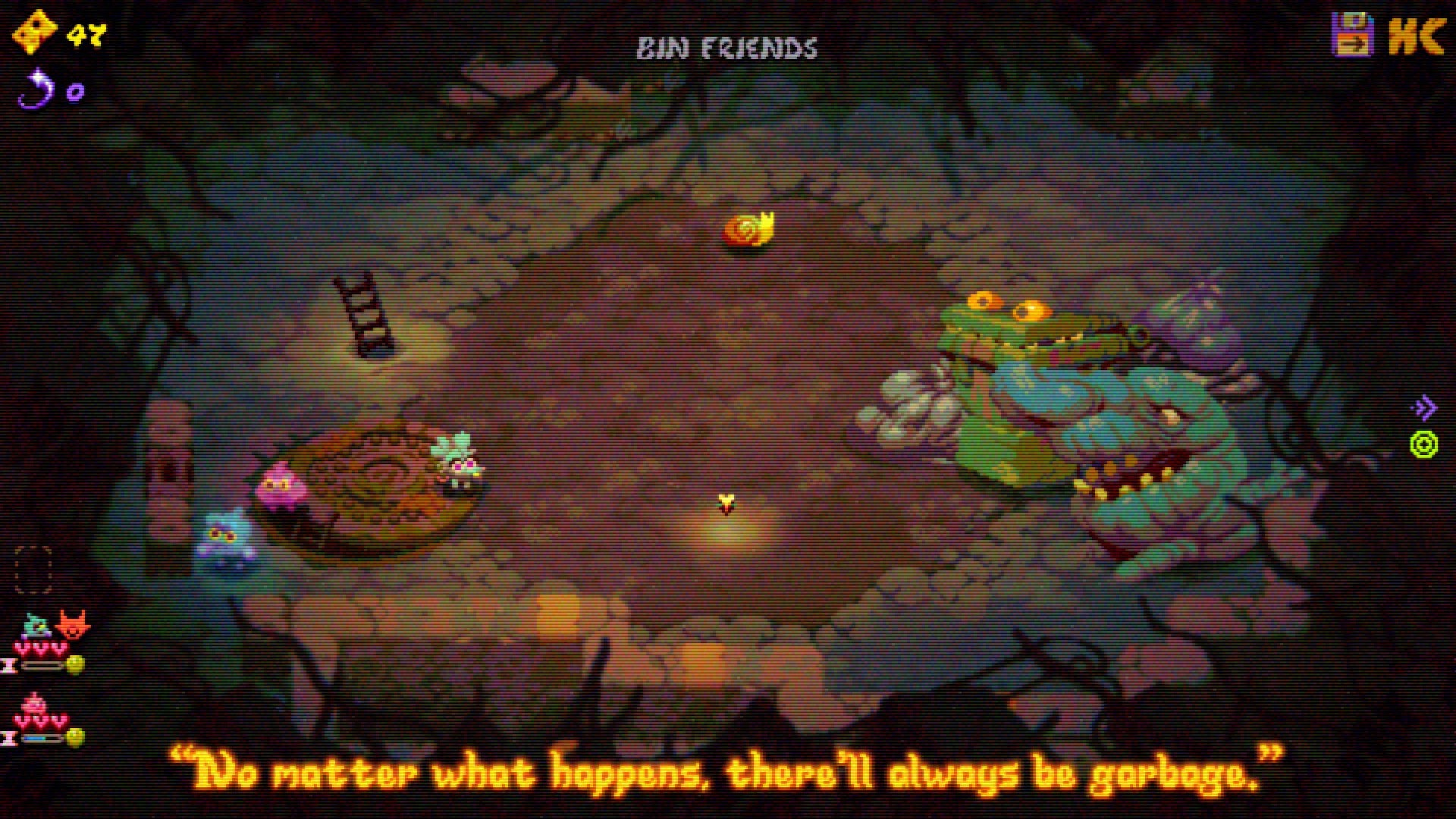 A between-levels conversation with some sentient dumpsters in Morsels. - 8