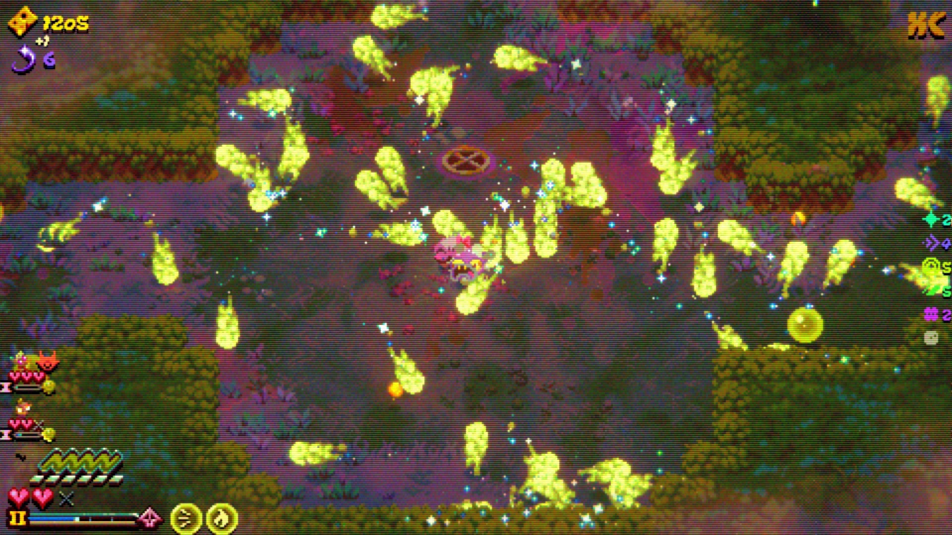 A screen full of bouncing green slime spat by an insect character in Morsels. - 5