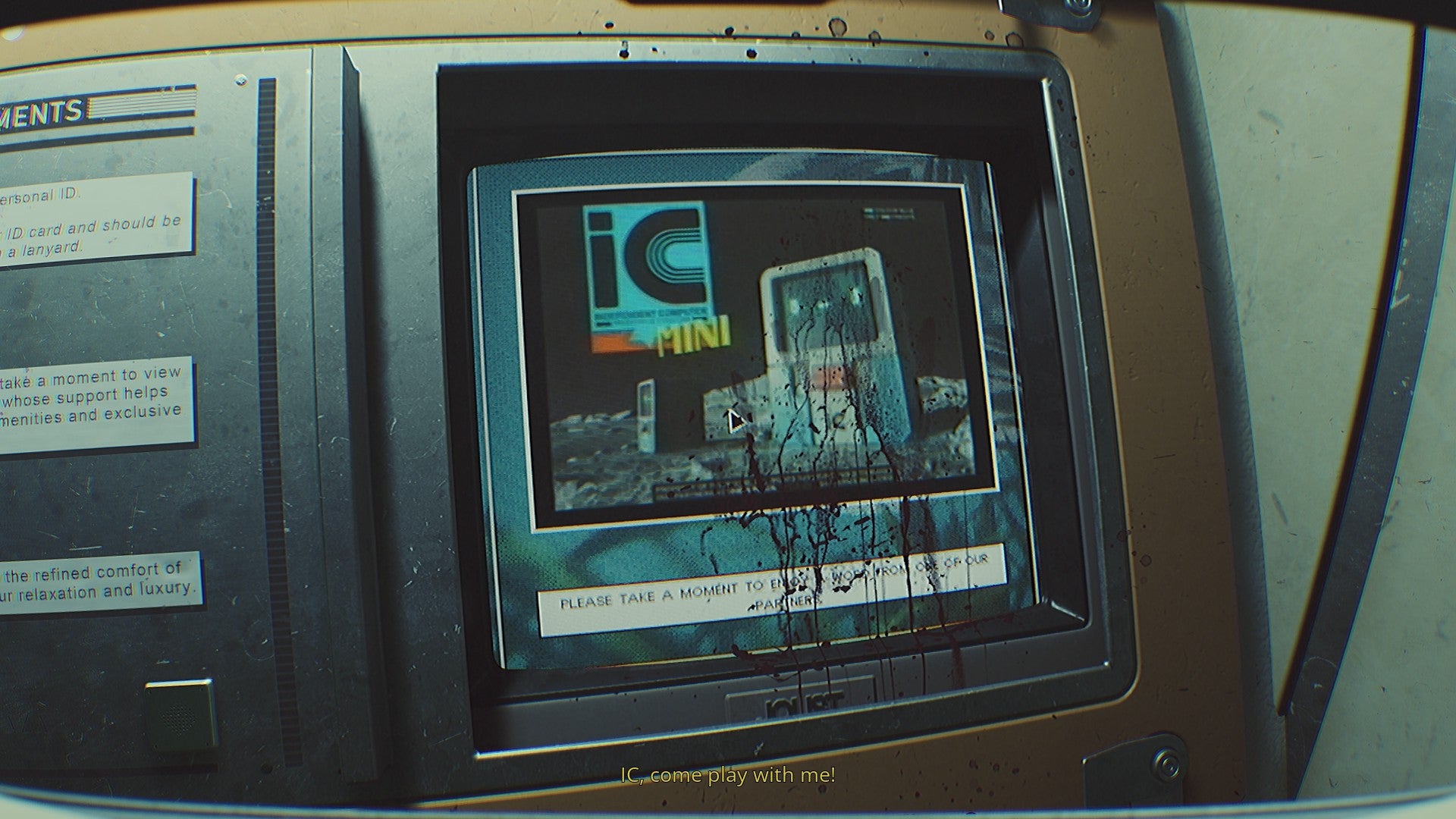 A jaunty advert for a companion bot on a stained screen in Routine.