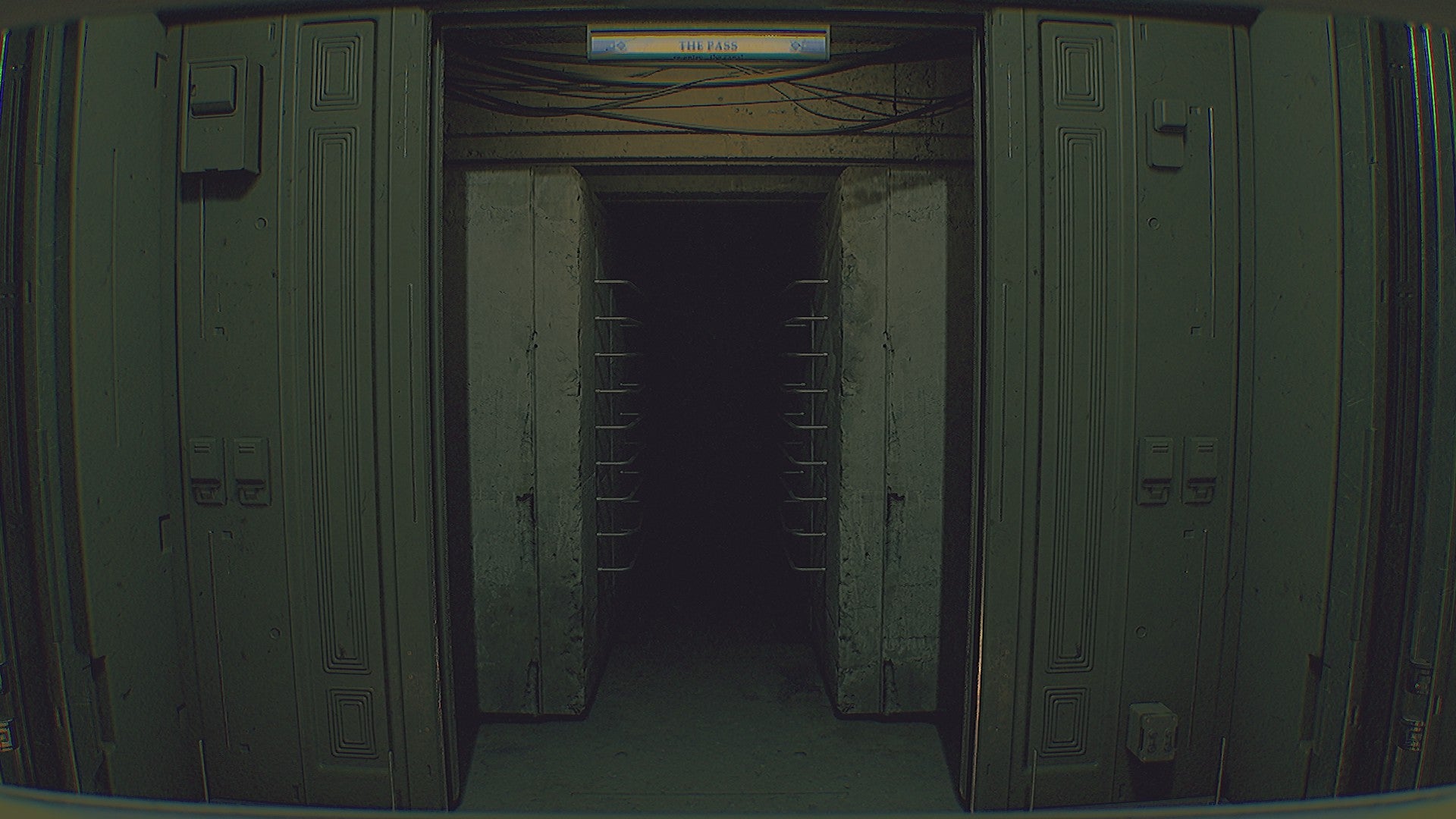 A menacing dark doorway in Routine, with rib-like bars down either side.
