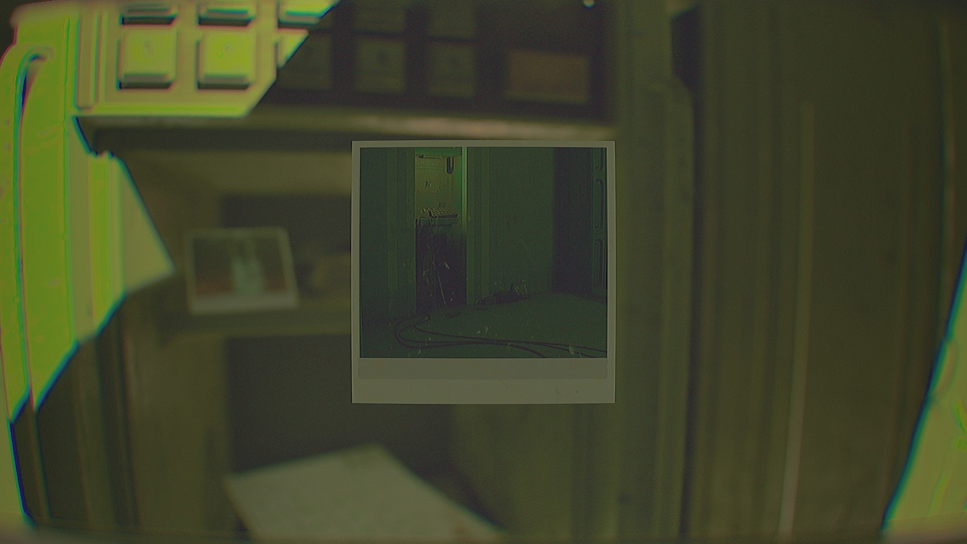 A photograph harbouring a puzzle clue in Routine, against the backdrop of a locker lit by yellow light. - 7