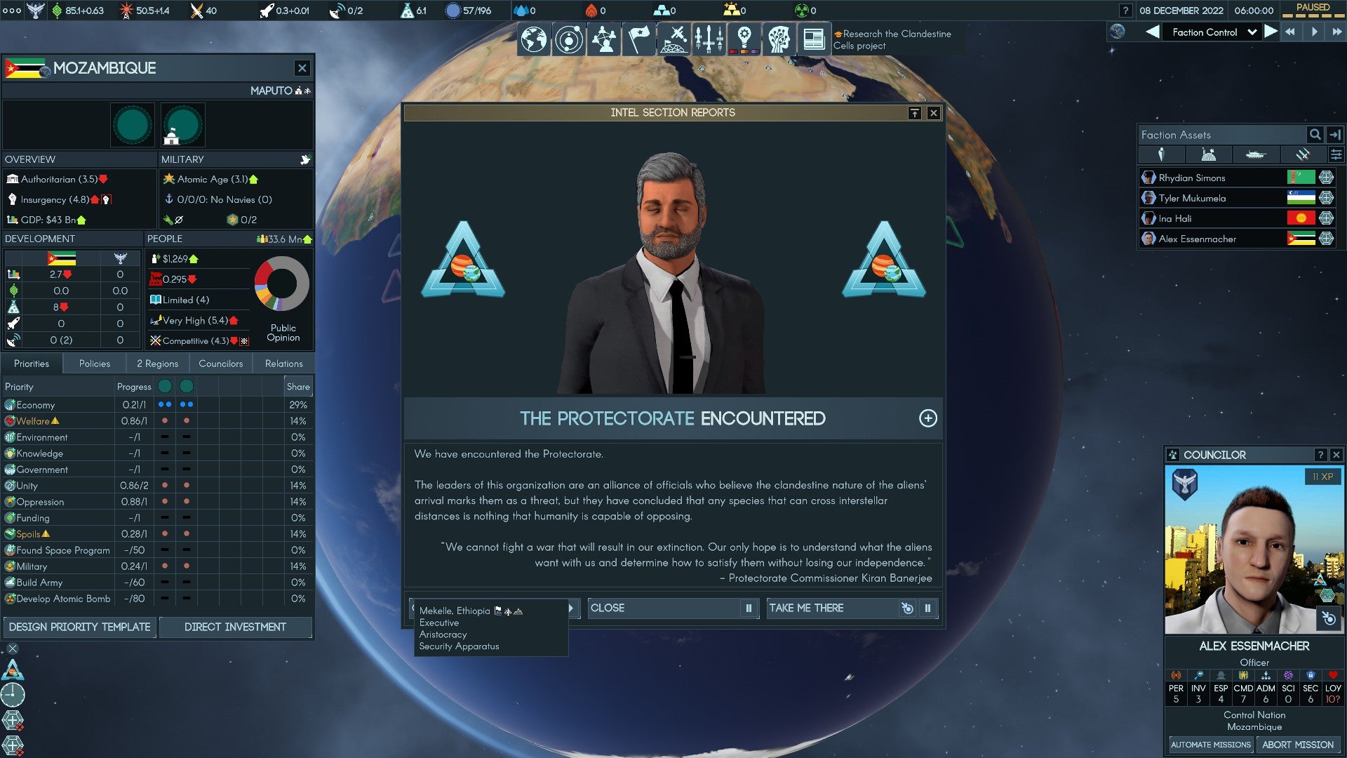 A conversation with another faction leader in Terra Invicta, showing a bearded man between triangular icons. - 4