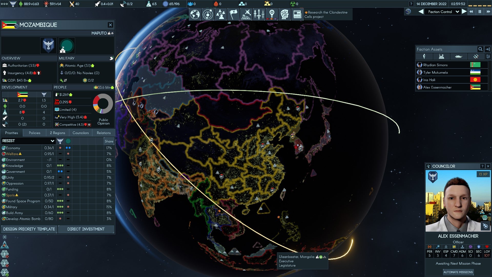 The dark side of the Earth in Terra Invicta with glowing map lines and orbital paths. - 3