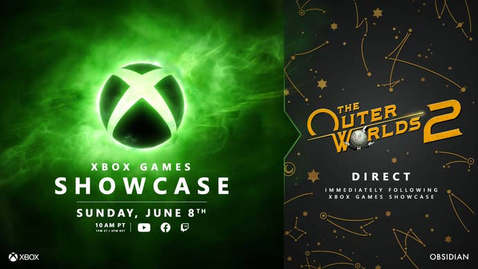 graphic showing the June 8 date for the Xbox Showcase and The Outer Worlds 2 Direct
