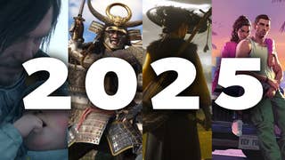 Collage of screenshots from Death Stranding 2, Assassin's Creed Shadows, Ghost of Yotei, and GTA 6, behind a big number 2025