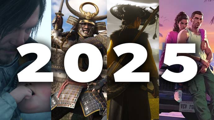 Collage of screenshots from Death Stranding 2, Assassin’s Creed Shadows, Ghost of Yotei, and GTA 6, behind a big number 2025