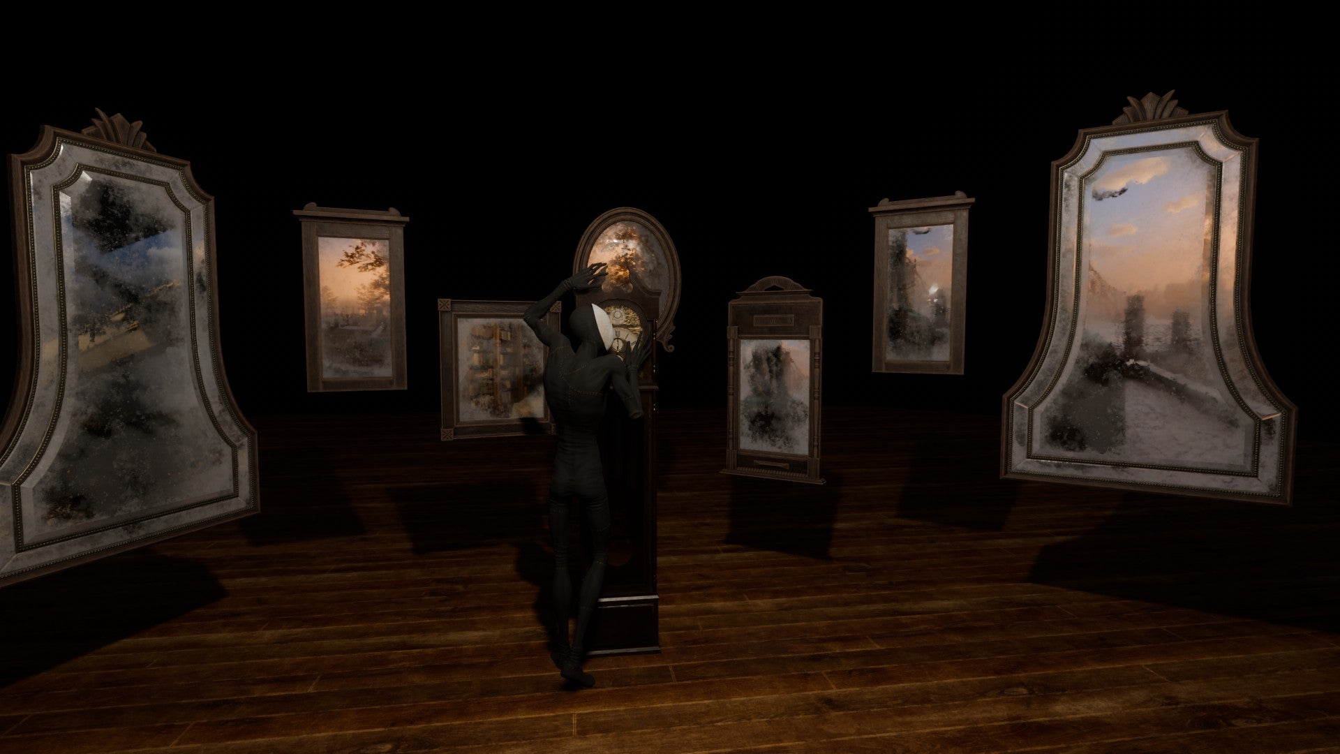 An eerie dark space full of floating ornate mirrors with a clock in the middle and a black-clad, white-masked figure clinging to that clock, from Pathologic 3. - 3