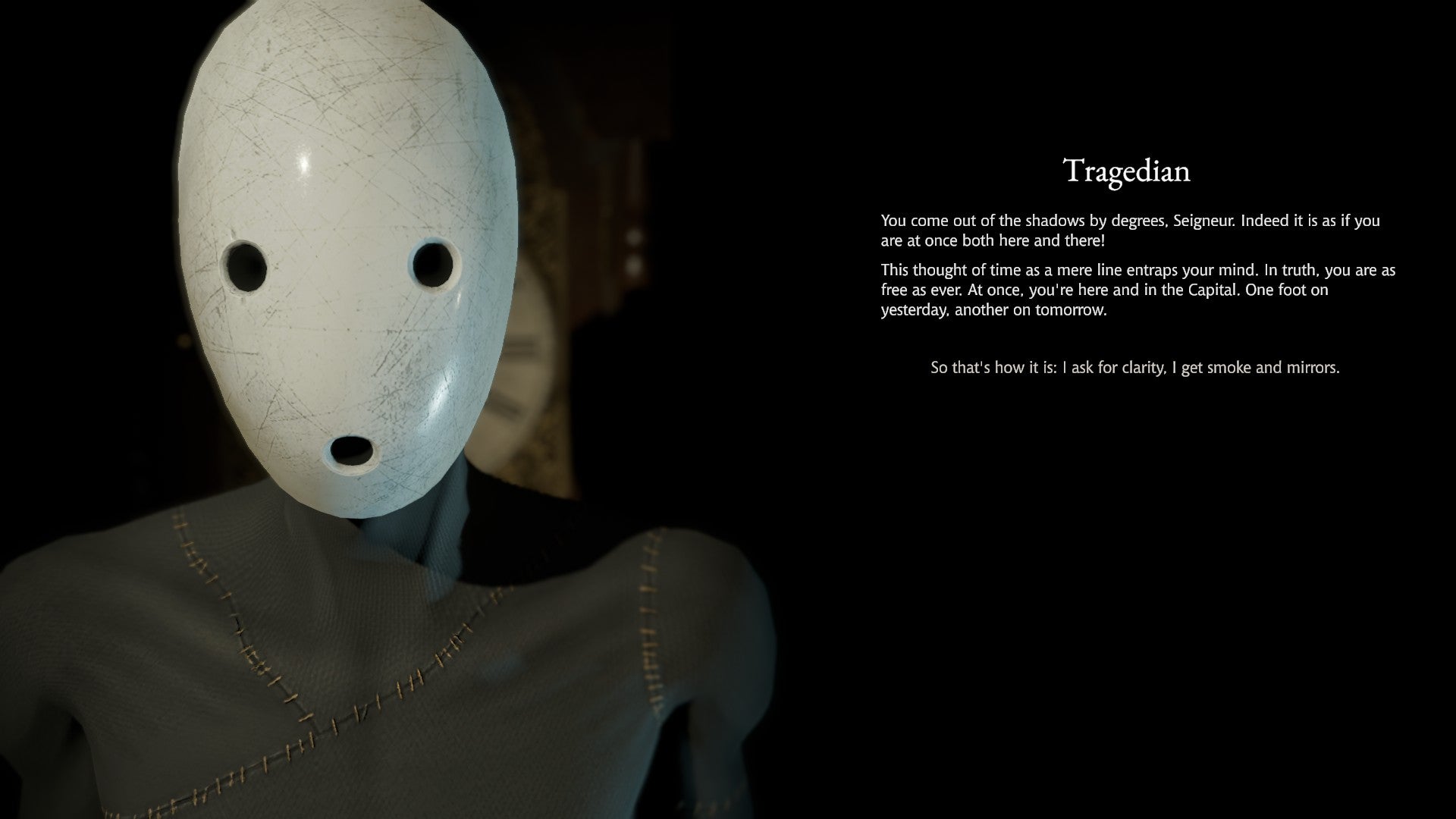 A white-masked, black-clad figure talking to you about time as a fluid in a scene from Pathologic 3 - 1