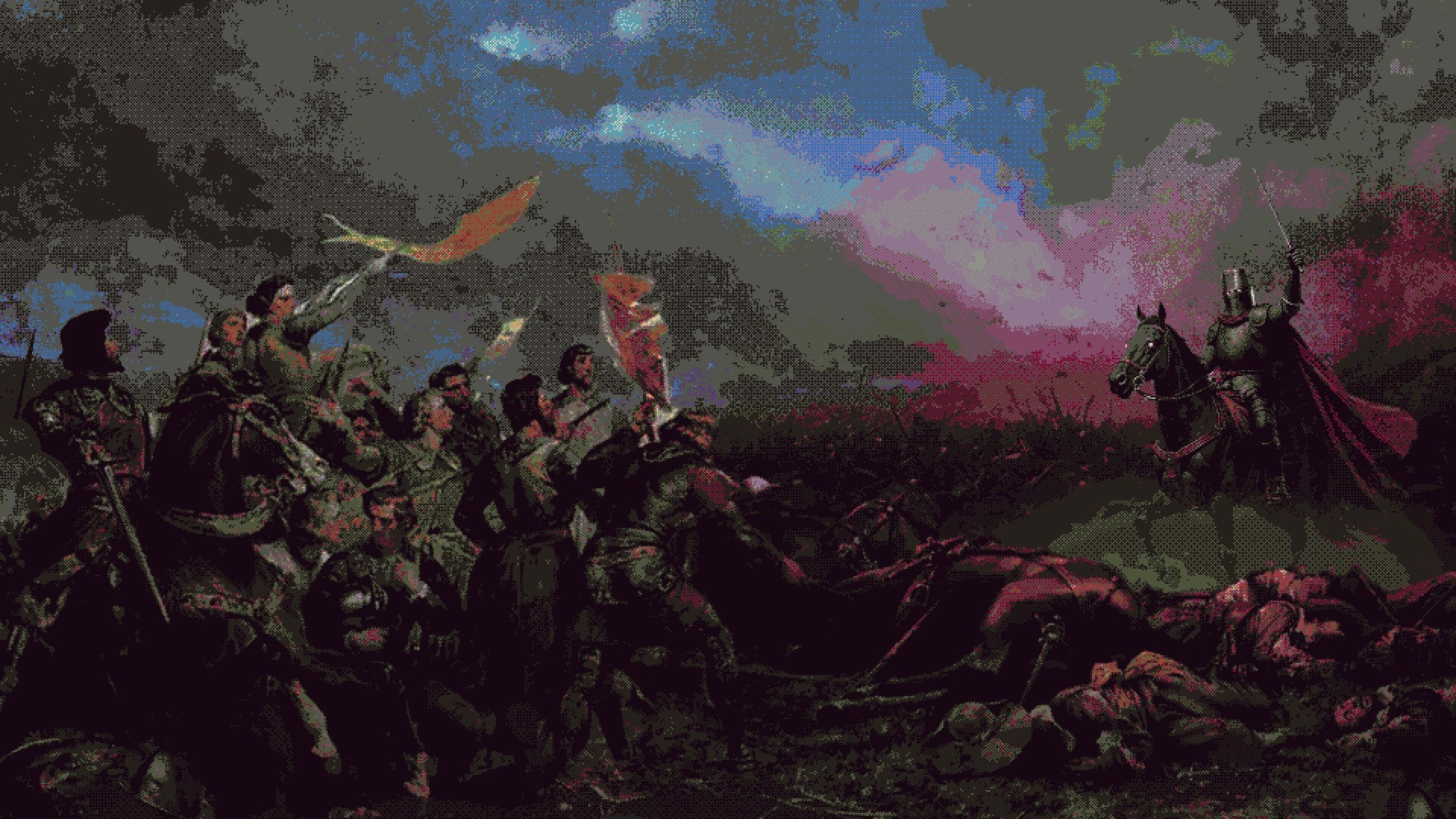 A painterly scene from The Fortress showing a doomed army of humans confronting an evil lich with glowing eyes on horseback, against a violently coloured sky