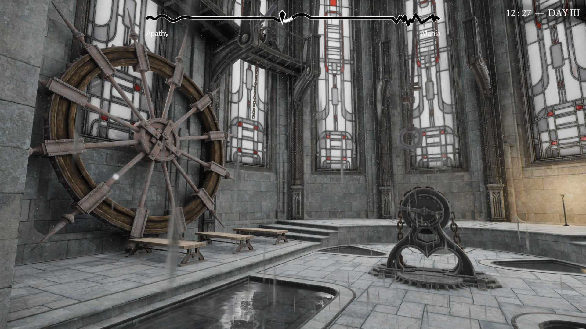 The inside of the Cathedral in Pathologic 3, a grey expanse of stone and stained glass with a huge spoked wheel on the left and a lever in the middle - 4