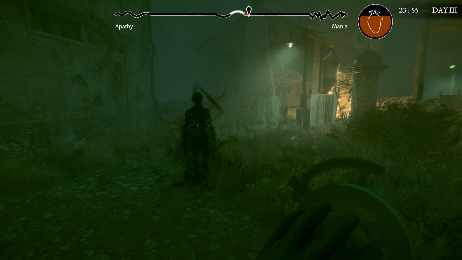 A greenish foggy plague zone in Pathologic 3 with a humanoid figure made of swirling dark plague particles in the middle. - 5