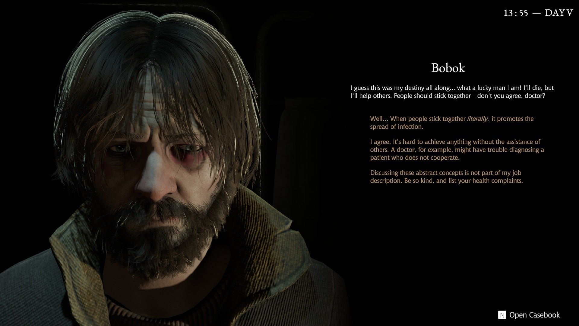 A conversation with a bearded, alcoholic man in Pathologic 3. The player's character has a choice of condescending and bullying remarks. - 3