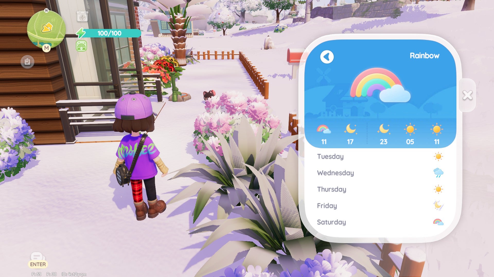A Heartopia character stands in their garden checking their watch. A seven-day weather forecast is displayed. - 3