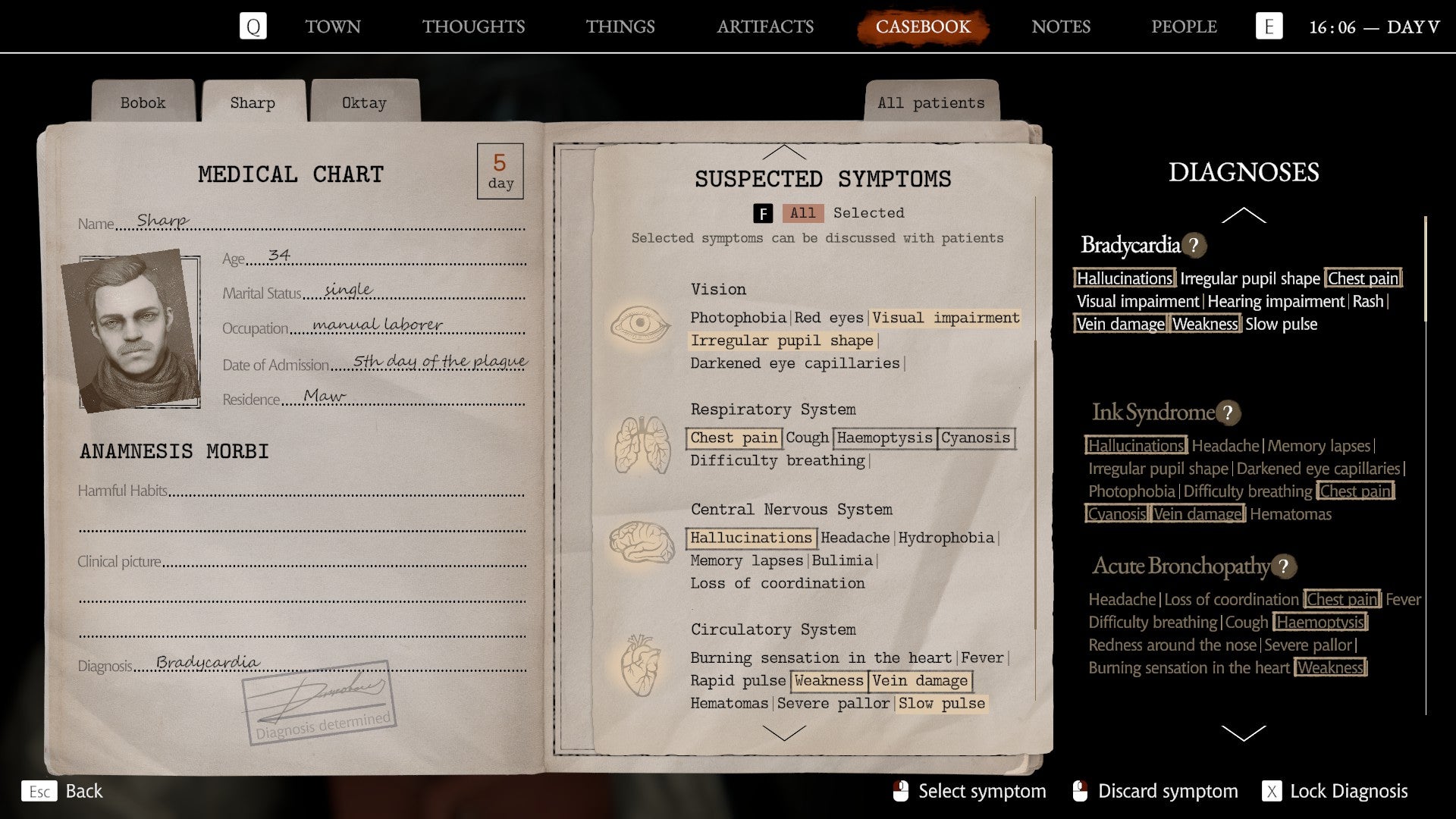 A Casebook entry in Pathologic 3, showing a list of symptoms and possible diagnoses next to a brief patient profile. - 5