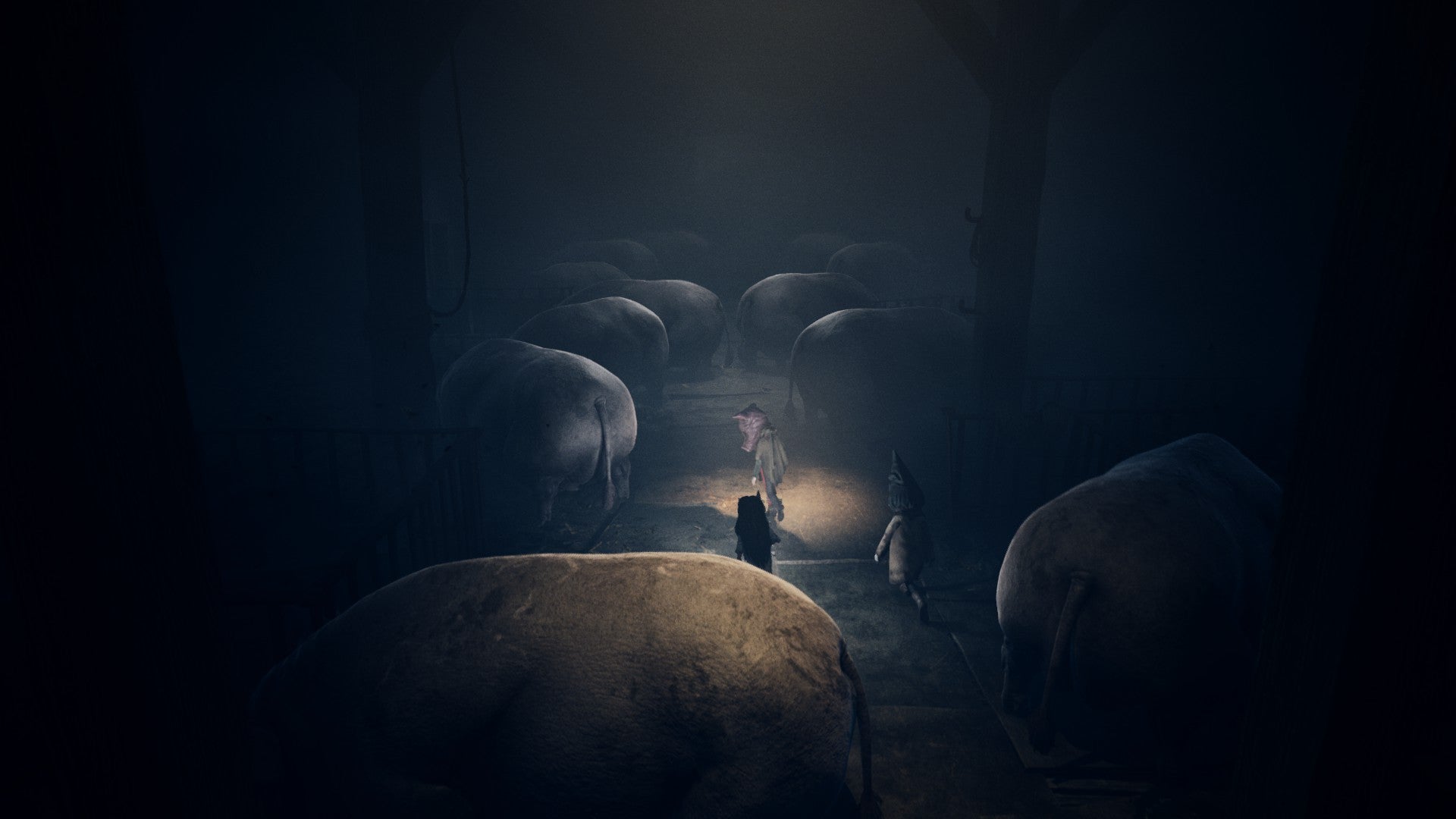 A stable full of huge pigs with their backs turned in Reanimal. - 1