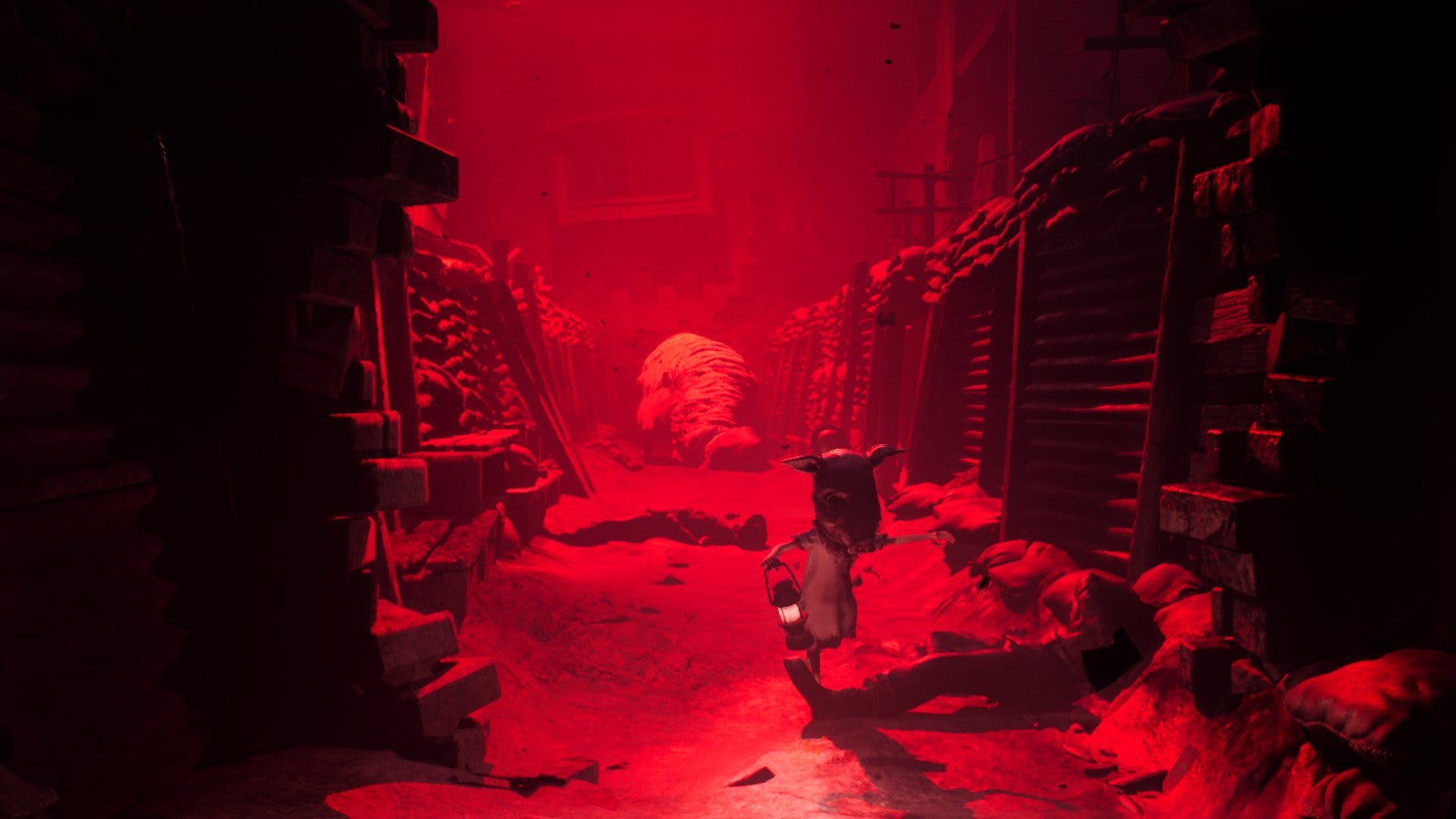 A red-lit scene of a monstrous sheep chasing a girl with a pig head hat in Reanimal. - 3