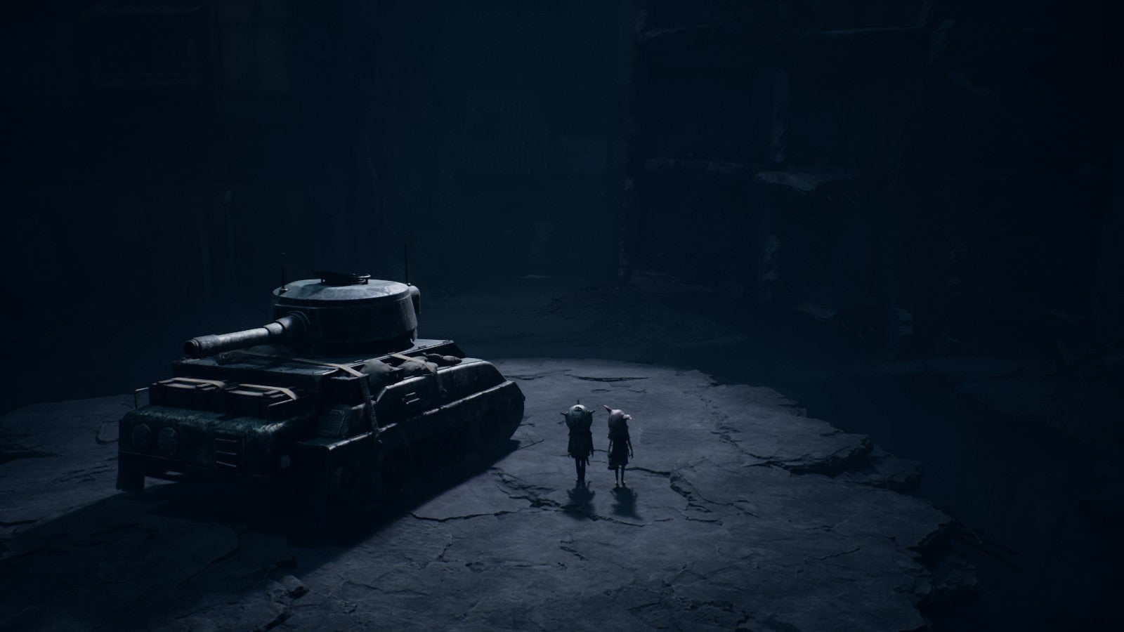 Two kids standing next to a tank in Reanimal. - 5