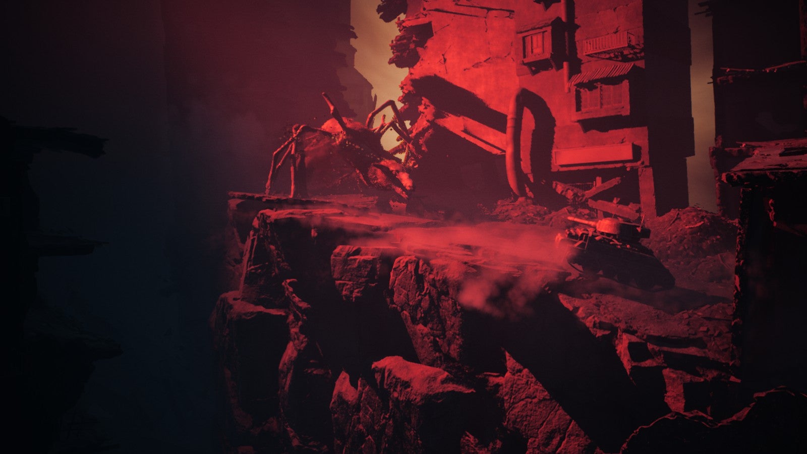 A terrible sheep monster chasing a tank through a wrecked city in Reanimal. - 7