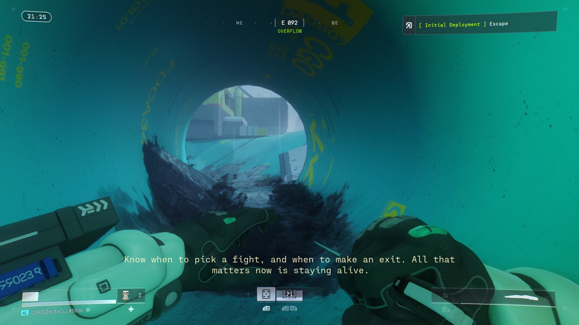 A first-person view of a blue plastic tunnel leading outdoors in the Marathon reboot.