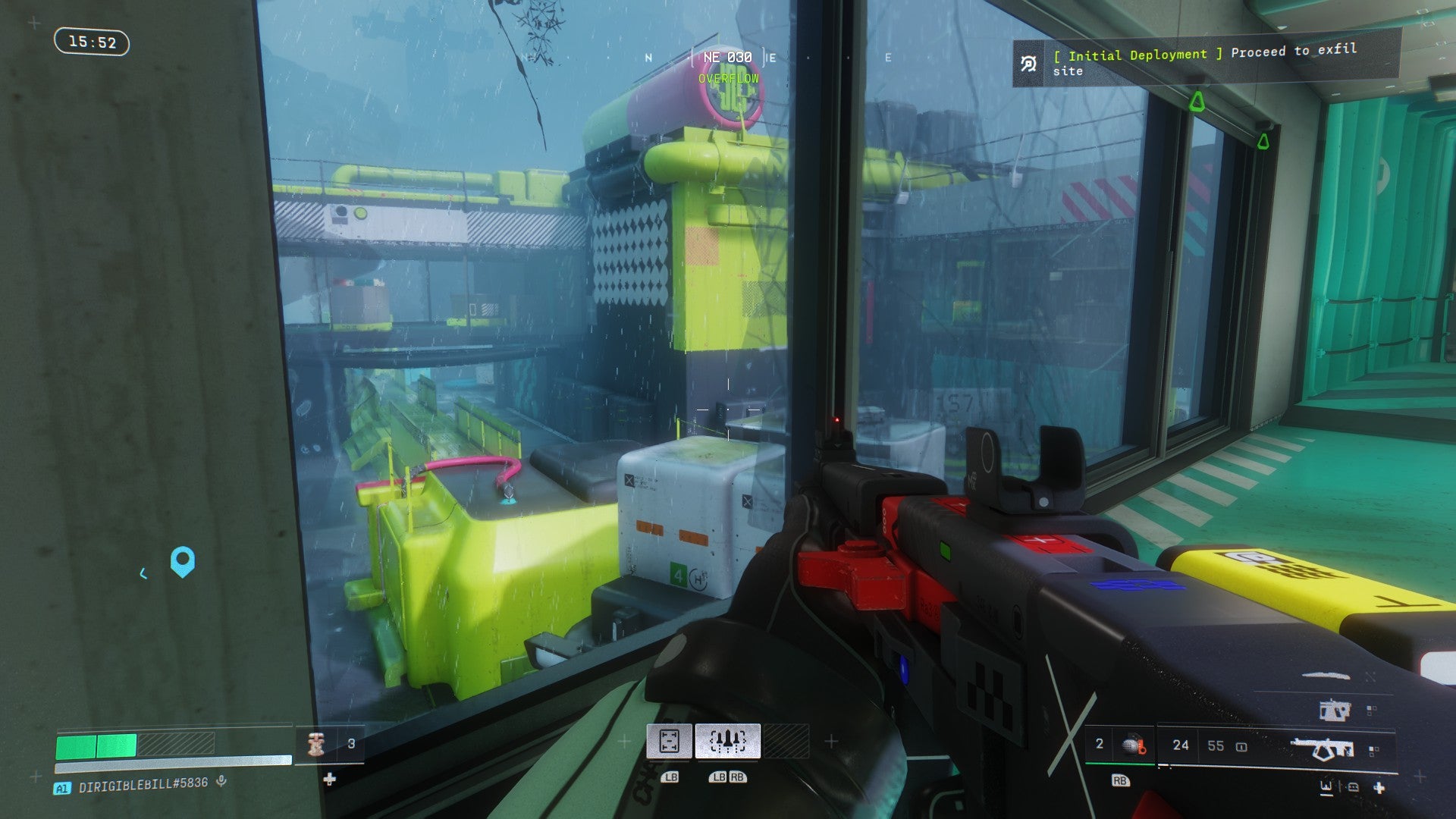 A view through a square habitat window at some other, multiple-storey high tech buildings coloured yellow and grey in the Marathon reboot.