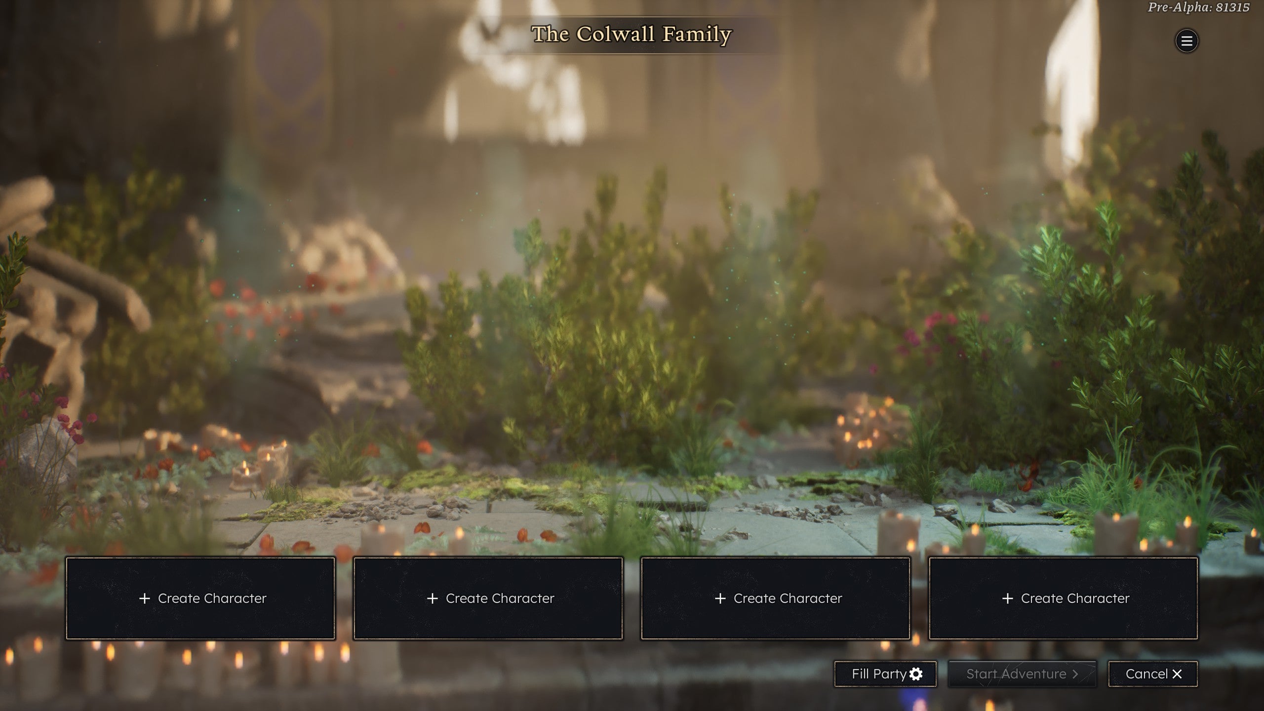 Character creation in Solasta 2. Empty spaces appear where your characters will stoon stand.