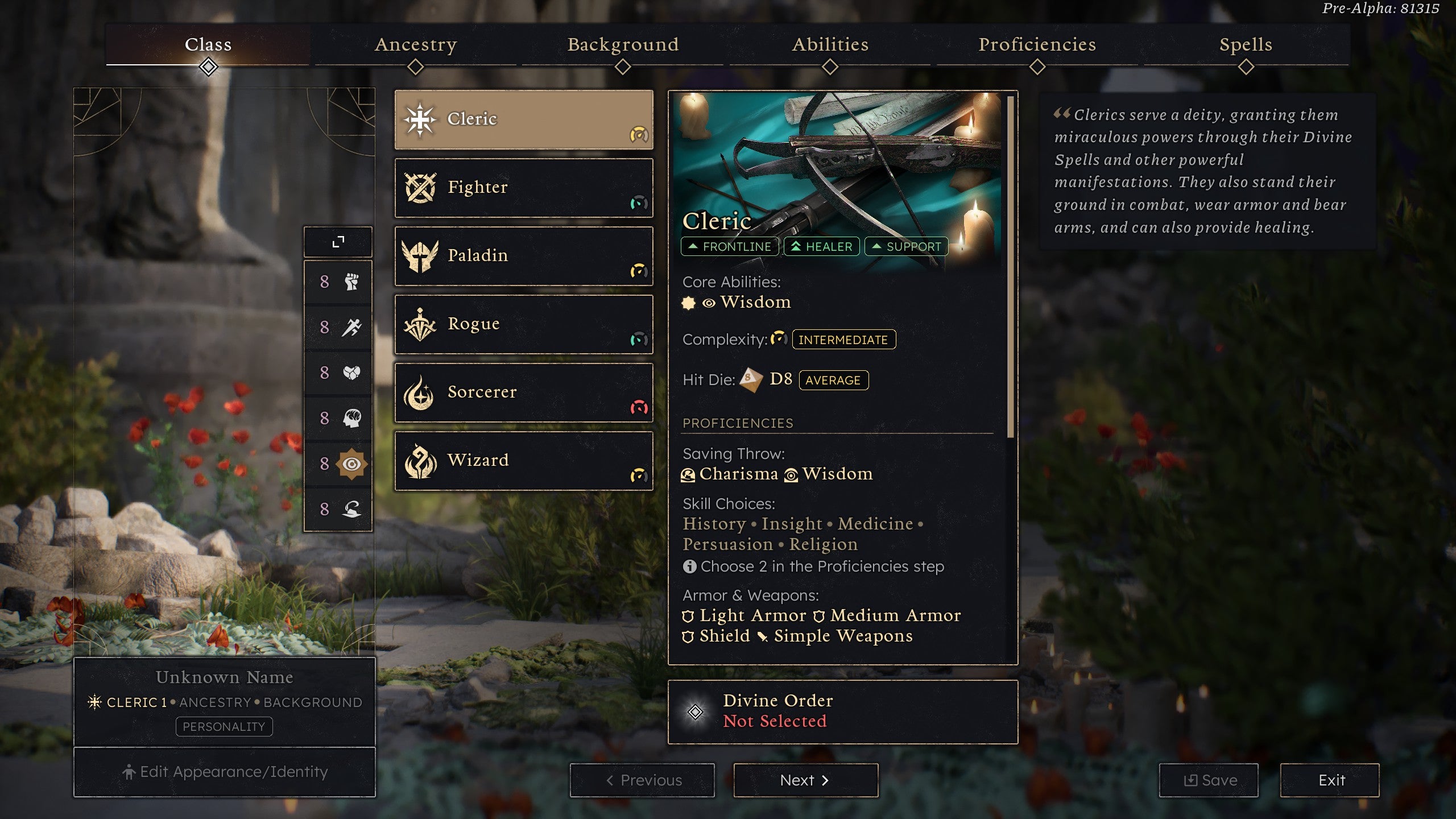 Character creation in Solasta 2. Pick a class.