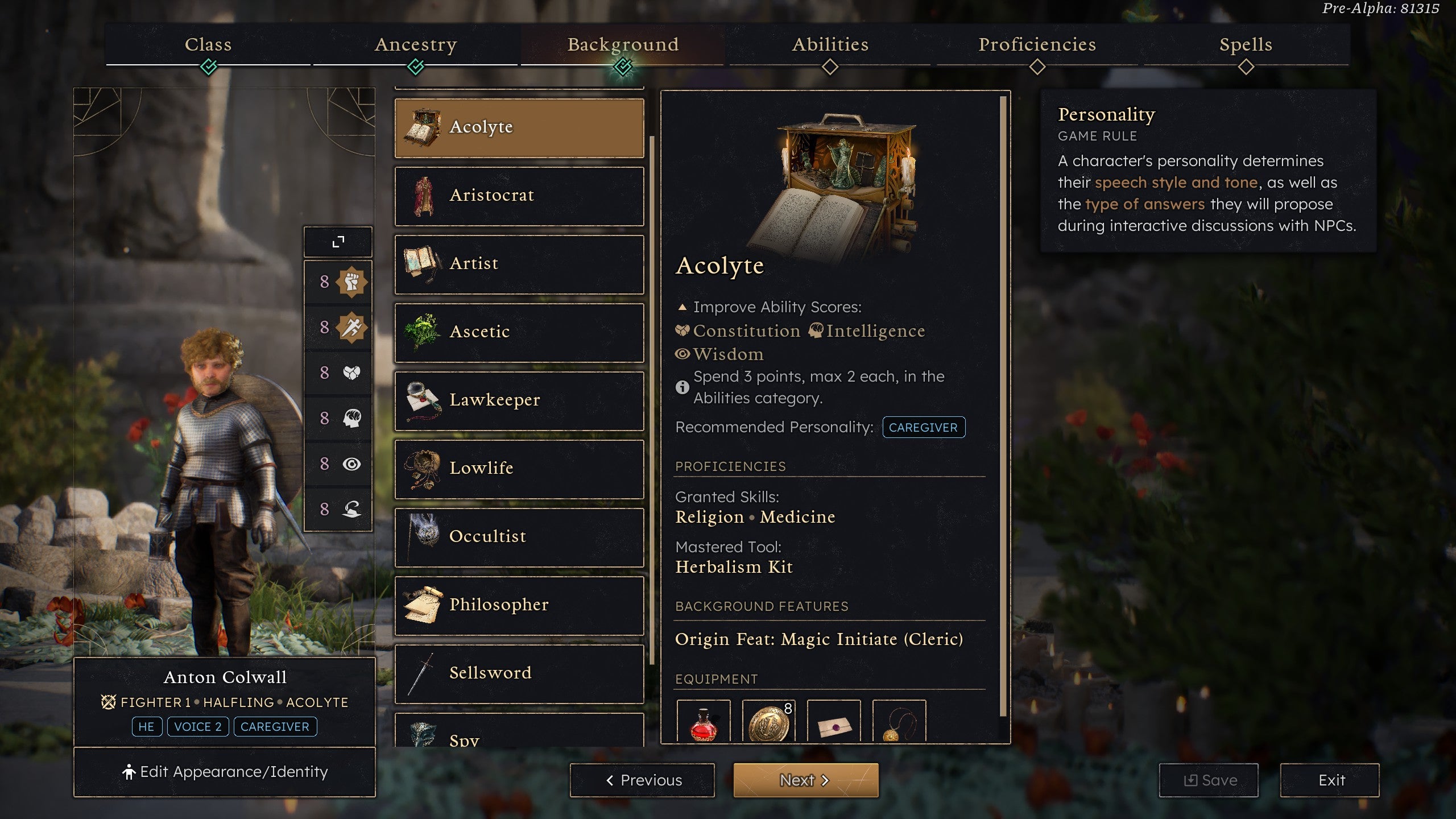 Character creation in Solasta 2. Pick a background, any background.