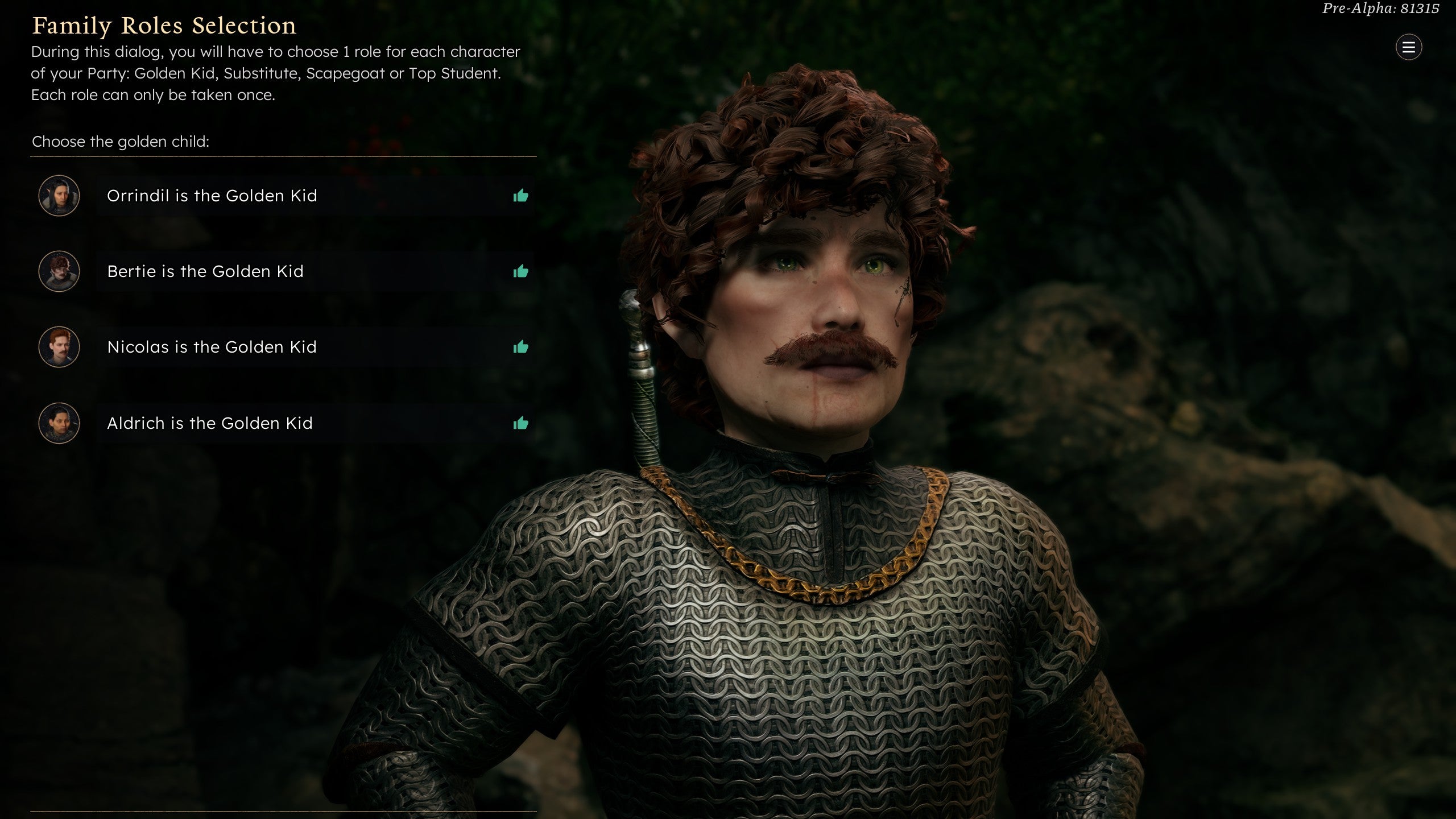 A close-up of Bertie's moustachioed halfling hero in Solasta 2, as the player decides which personality they should have. Sounds just like real life.