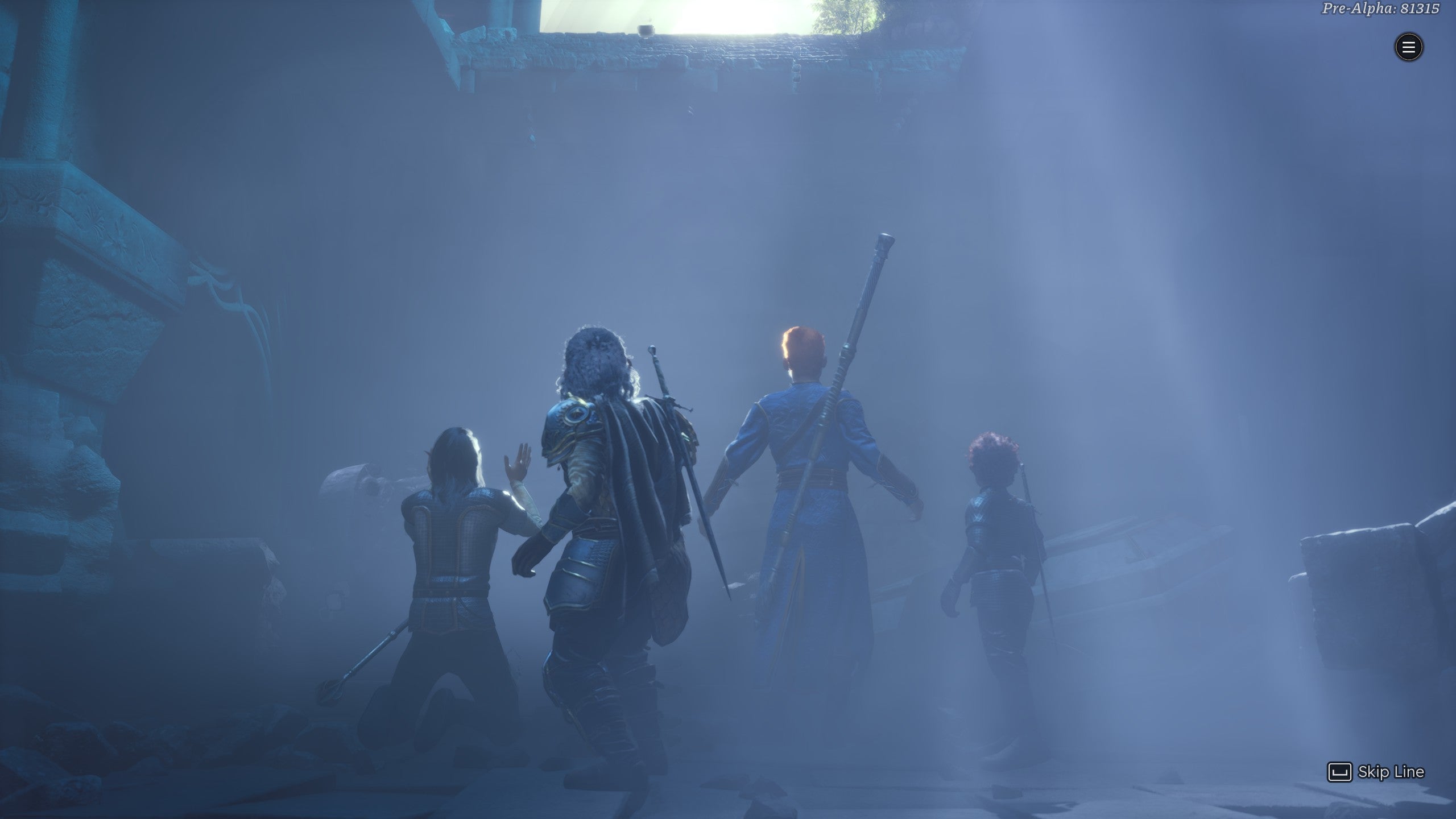 A group of adventurers looks up towards a heavenly light from a dark ruin in Solasta 2. Something big is about to go down.