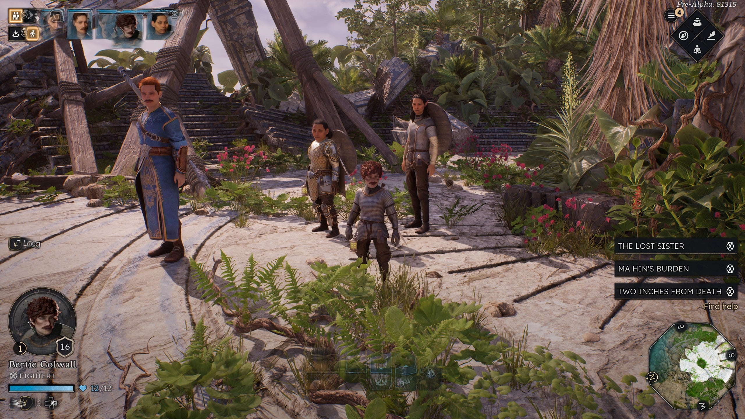 A group of adventurers stands around an overgrown ruin in Solasta 2. Haven't they anything better to do?