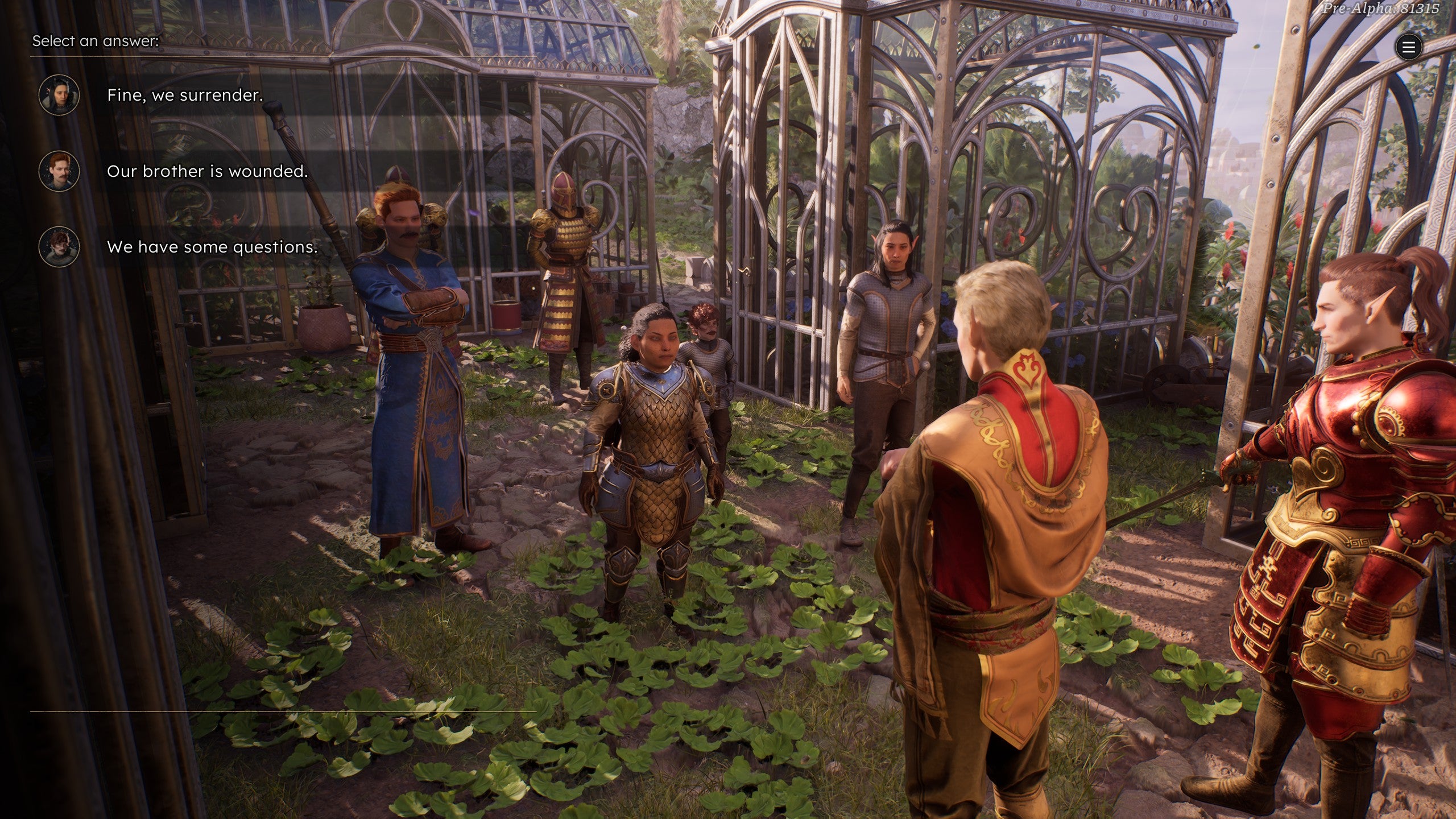 A party of adventurers in Solasta 2 talk to some stern-looking elven guards. Let's hope they don't get into trouble, although with Bertie at the controls, it's more than likely they will.