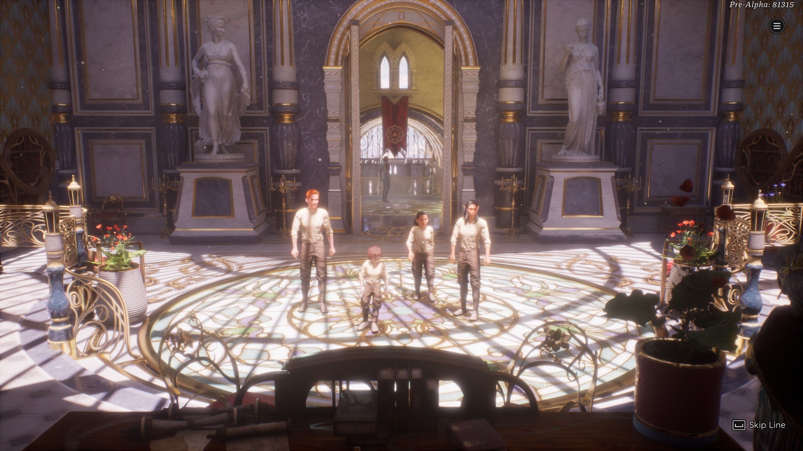 A party of adventurers in Solasta 2, standing in the searingly bright light of sunlight that's streaming into a grand palace courtyard.