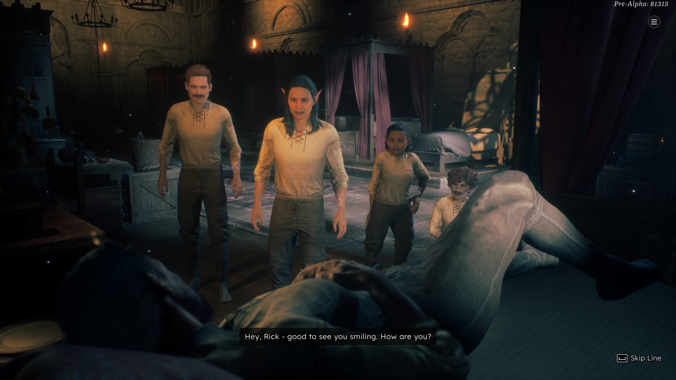 A close-up of a group of adventurers in Solasta 2, lit in the dim interior light of a ward.