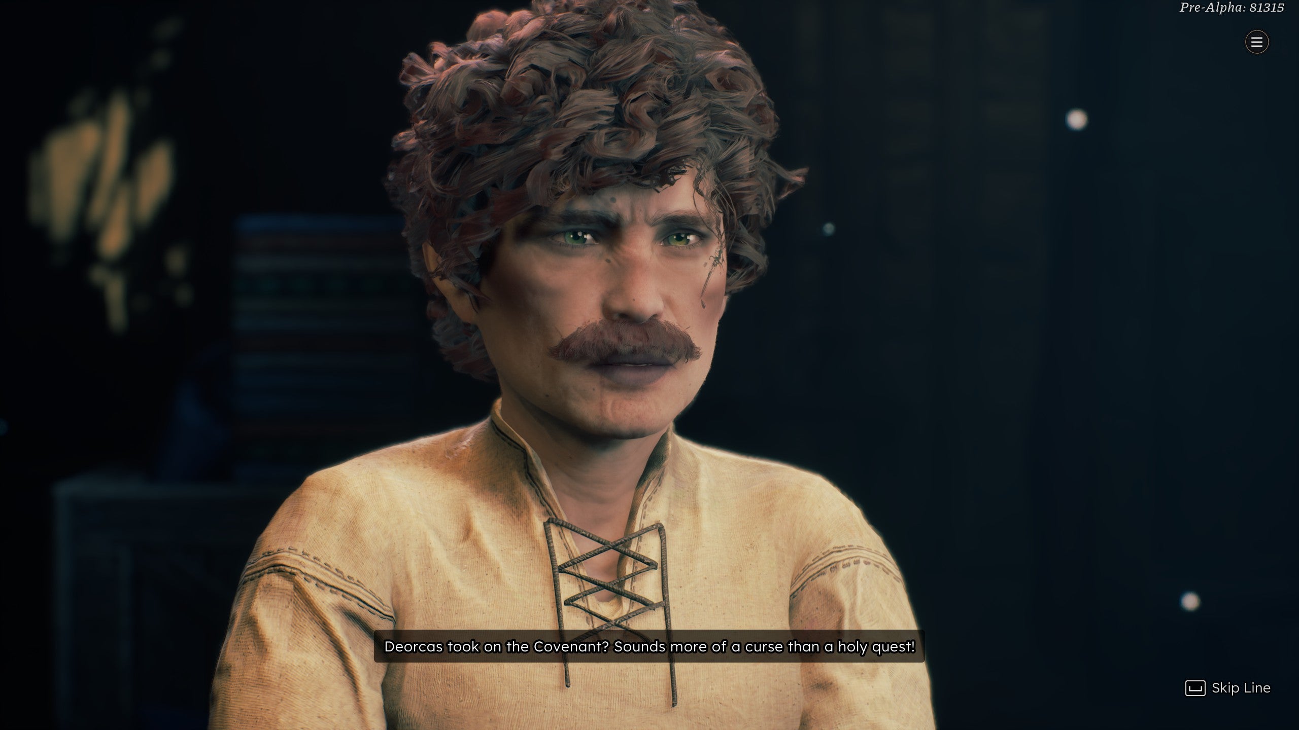 A close-up of a curly-haired and moustachioed halfling character in Solasta 2. This character is Bertie, and very handsome he is too.