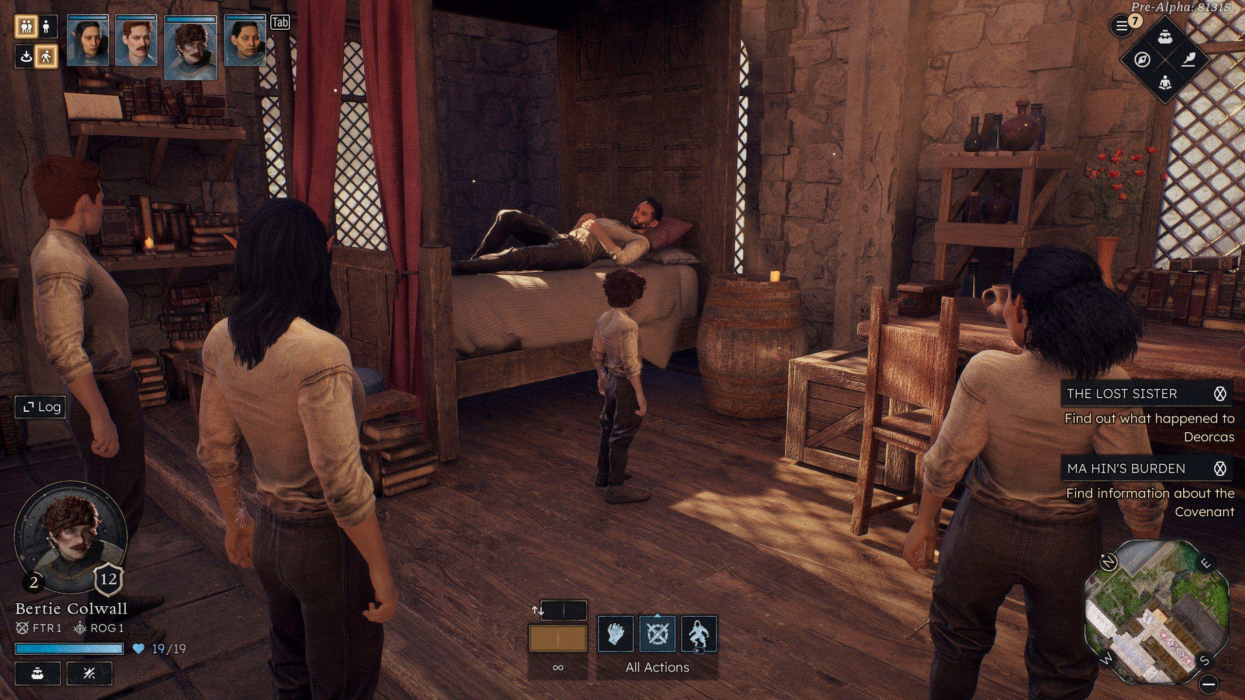 A group of adventurers crowd around a four-poster bed in a ward in Solasta 2. Sunlight streams through the window.