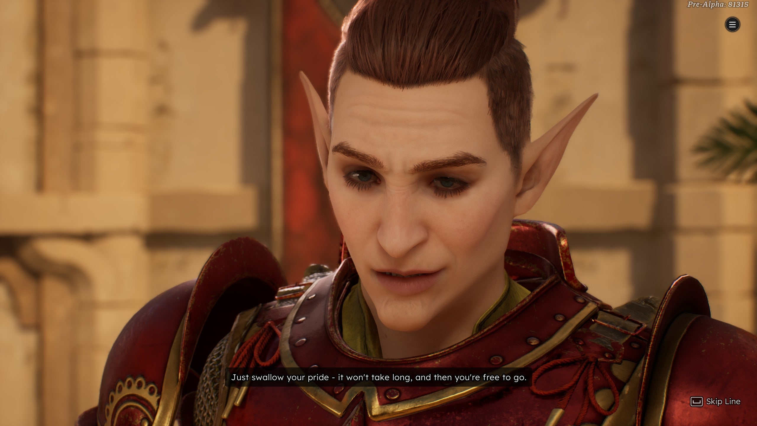 An elven character close-up in Solasta 2. They have dark here and pointed features and don't seem particularly nice.