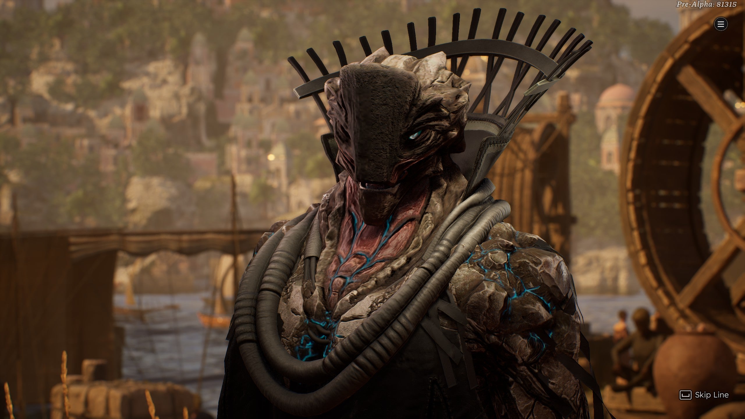 An alien-looking humanoid in Solasta 2. They have a long, flat face that's almost bark-like in texture, but also partially lizard-like in visage.