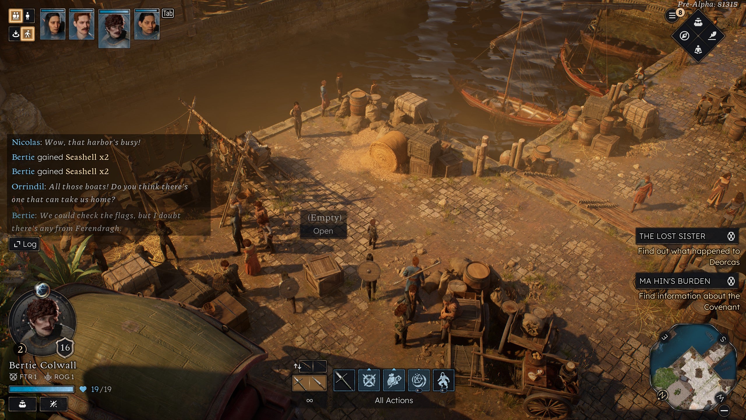 Evening at the docks in Solasta 2. Lots of characters stand around and there's a busy user interface with all the RPG trimmings.
