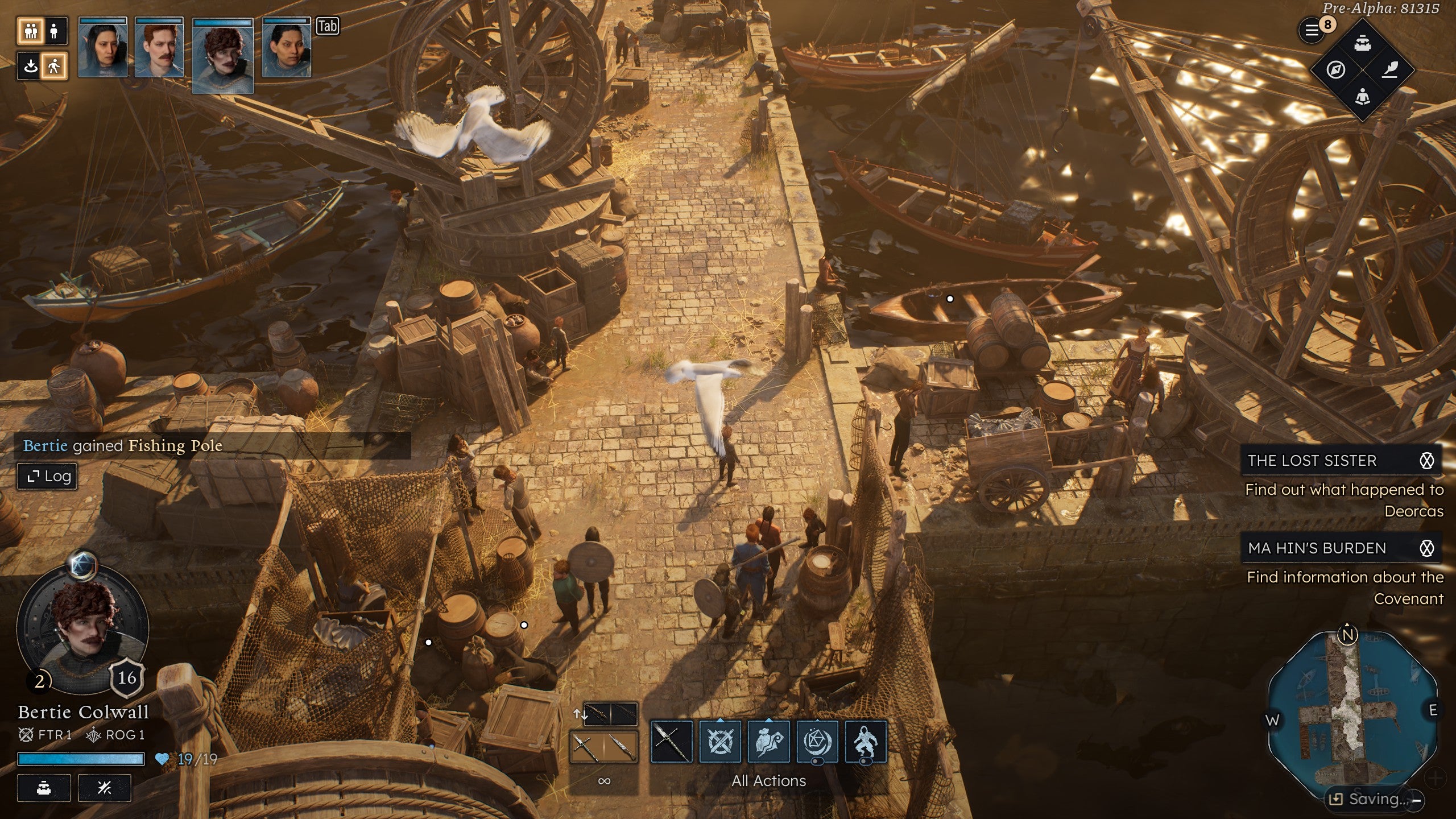 A zoomed out perspective screenshot from Solasta 2, showing a party of adventurers down by the docks in a city lit by the golden glow of evening sunlight.